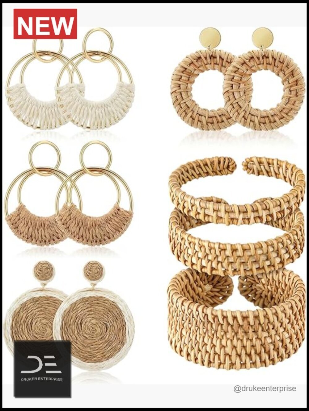 11 Pcs Boho Rattan Bracelet Earrings Set - 3 Woven Bracelets 4 Straw Earrings